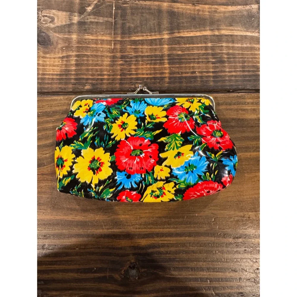 Vintage Floral Kiss Clasp Clutch Purse Multi Color Retro Glossy Makeup Bag 7x5x1